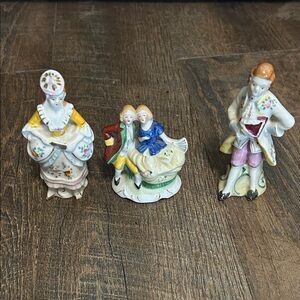 3 Vintage Figurine Ceramic Hat Ornate Floral Painted Dress Occupied Japan Marked